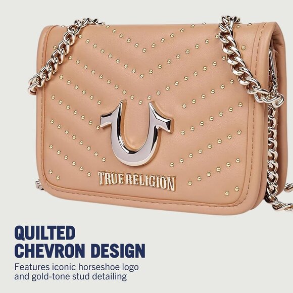 Camel Horseshoe Multi Stud Flap Crossbody Bag with Chain Strap & Quilted Chevron - Picture 3 of 6